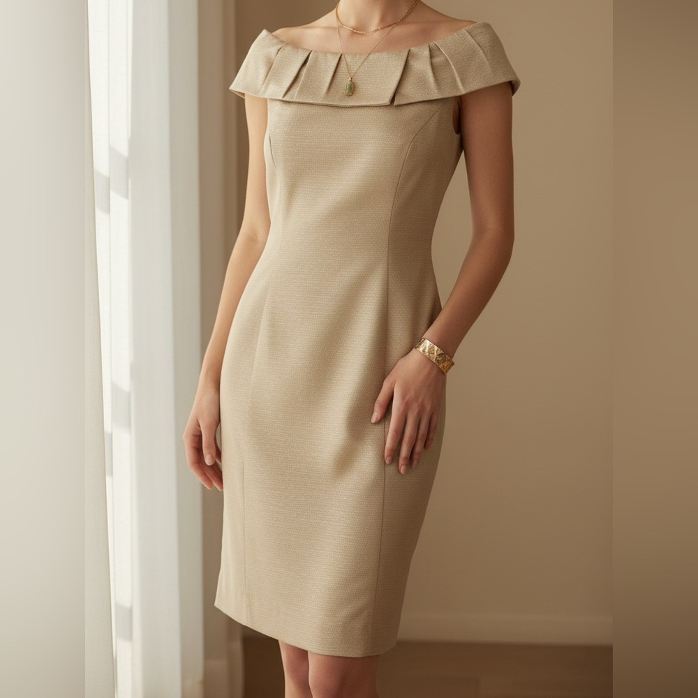 ‎Badgley Mischka gold bateau neckline sheath - 6
